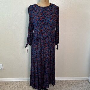Free Assembly Women's Large Floral Blue Red Dress‎ Back Closure Tie Sleeve Long
